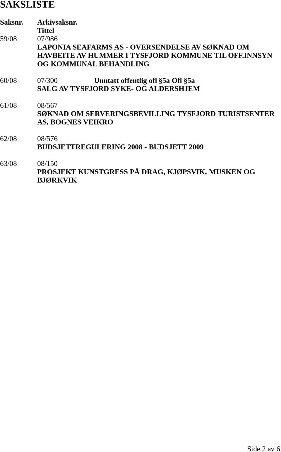 INNSYN OG KOMMUNAL BEHANDLING 60/08 07/300 Unntatt offentlig ofl 5a Ofl 5a SALG AV TYSFJORD SYKE- OG ALDERSHJEM 61/08