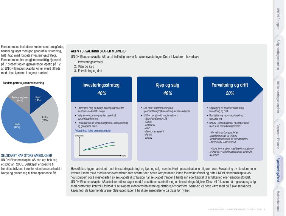 AKTIV FORVALTNING SKAPER MERVERDI UNION Eiendomskapital AS tar et helhetlig ansvar for sine investeringer. Dette inkluderer i hovedsak; 1. Investeringsstrategi 2. Kjøp og salg 3.