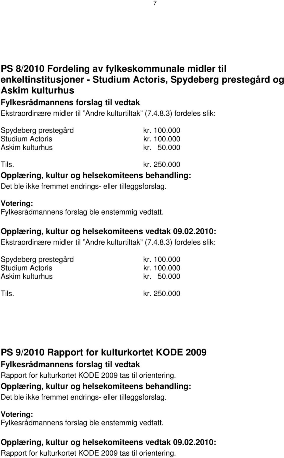 000 Ekstraordinære midler til 000 PS 9/2010 Rapport for kulturkortet KODE 2009 Rapport for kulturkortet KODE 2009 tas til orientering.