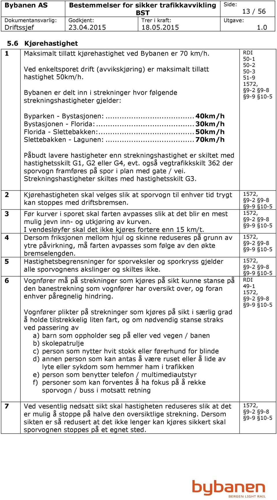 .. 50km/h Slettebakken - Lagunen:... 70km/h Påbudt lavere hastigheter enn strekningshastighet er skiltet med hastighetsskilt G1, G2 eller G4, evt.