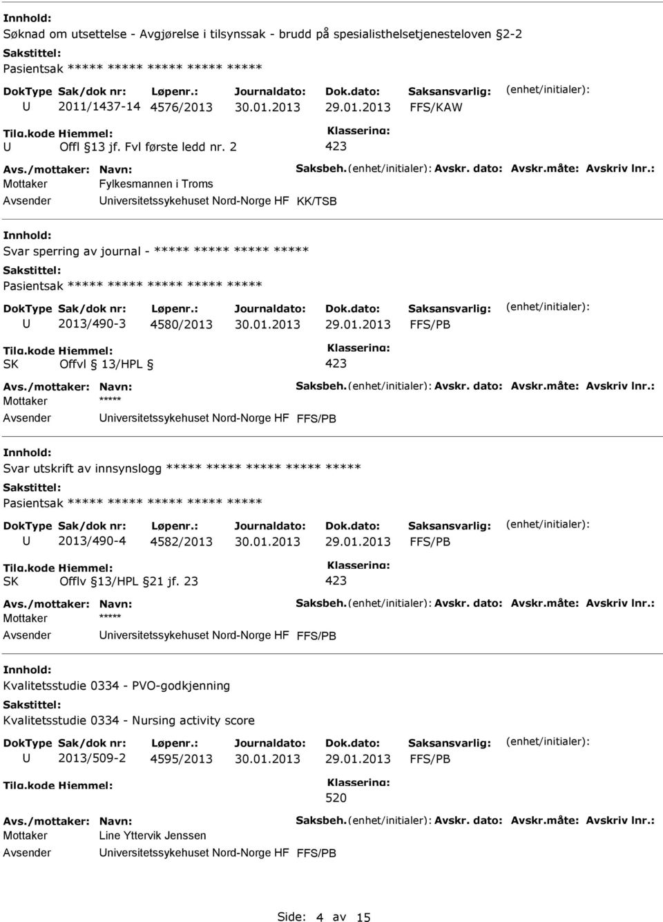 : Mottaker Fylkesmannen i Troms niversitetssykehuset Nord-Norge HF KK/TSB Svar sperring av journal - ***** ***** ***** ***** Pasientsak ***** ***** ***** ***** ***** 2013/490-3 4580/2013 Offvl 13/HPL