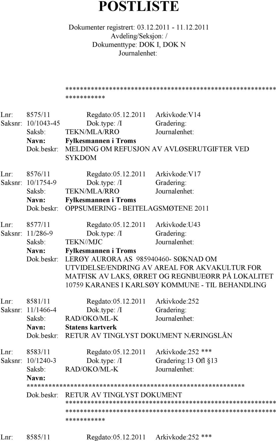 type: /I Gradering: Saksb: TEKN/MLA/RRO Fylkesmannen i Troms OPPSUMERING - BEITELAGSMØTENE 2011 Lnr: 8577/11 Regdato:05.12.2011 Arkivkode:U43 Saksnr: 11/286-9 Dok.