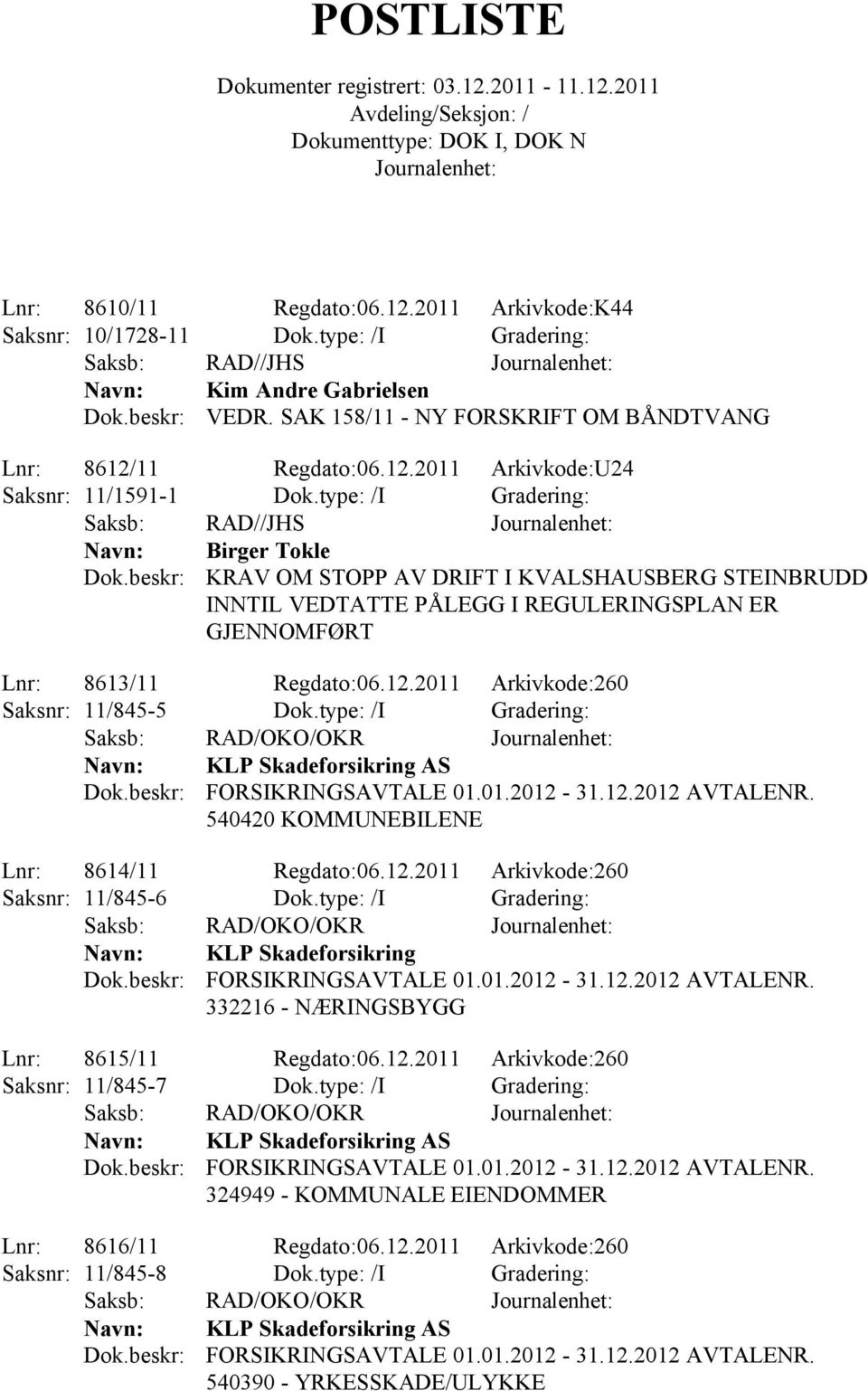 2011 Arkivkode:260 Saksnr: 11/845-5 Dok.type: /I Gradering: Saksb: RAD/OKO/OKR KLP Skadeforsikring AS FORSIKRINGSAVTALE 01.01.2012-31.12.2012 AVTALENR. 540420 KOMMUNEBILENE Lnr: 8614/11 Regdato:06.12.2011 Arkivkode:260 Saksnr: 11/845-6 Dok.