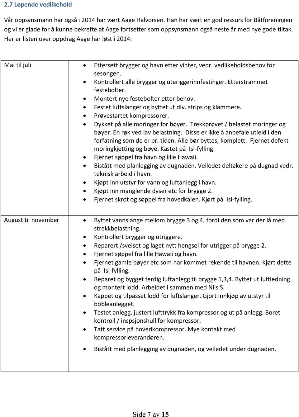 Her er listen over oppdrag Aage har løst i 2014: Mai til juli Ettersett brygger og havn etter vinter, vedr. vedlikeholdsbehov for sesongen. Kontrollert alle brygger og uteriggerinnfestinger.