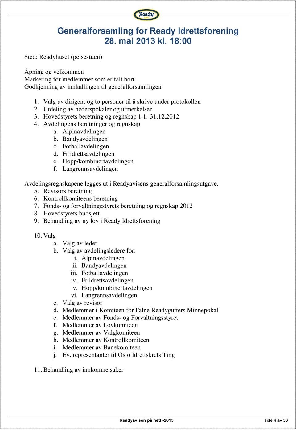 Hovedstyrets beretning og regnskap 1.1.-31.12.2012 4. Avdelingens beretninger og regnskap a. Alpinavdelingen b. Bandyavdelingen c. Fotballavdelingen d. Friidrettsavdelingen e.