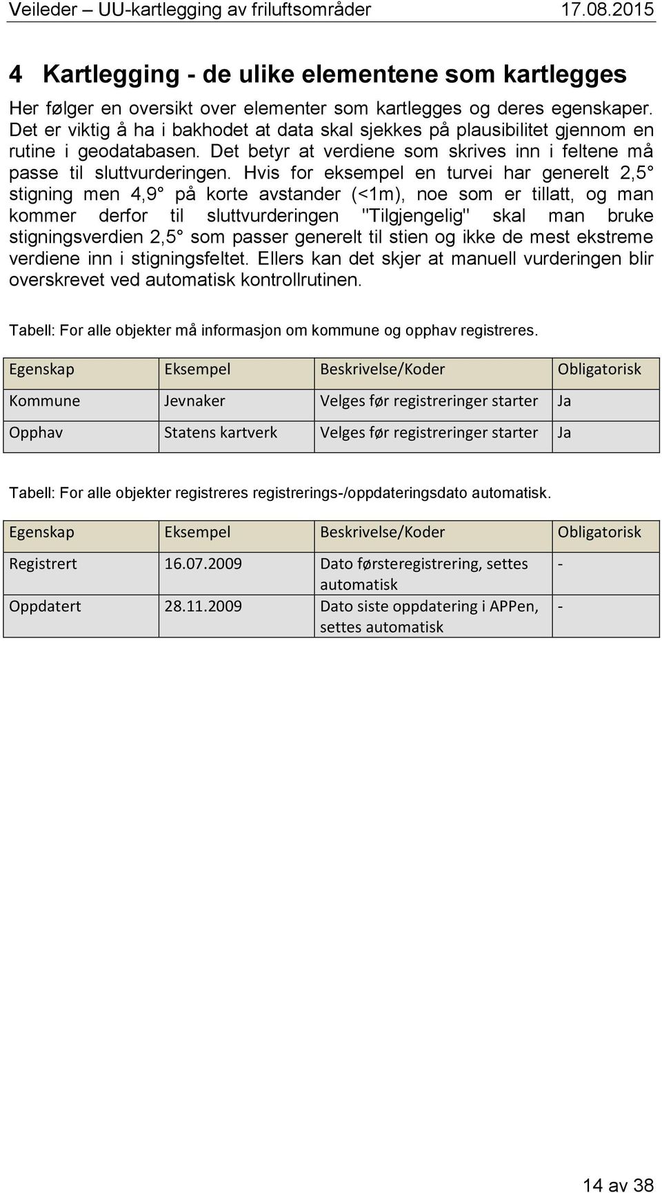 Hvis for eksempel en turvei har generelt 2,5 stigning men 4,9 på korte avstander (<1m), noe som er tillatt, og man kommer derfor til sluttvurderingen "Tilgjengelig" skal man bruke stigningsverdien