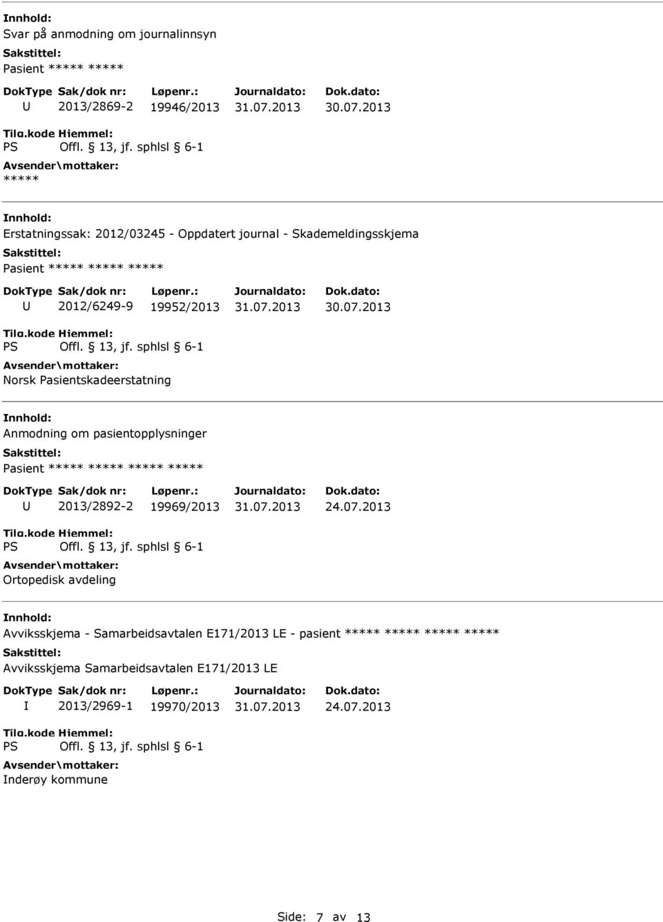 pasientopplysninger Pasient 2013/2892-2 19969/2013 Ortopedisk avdeling 24.07.