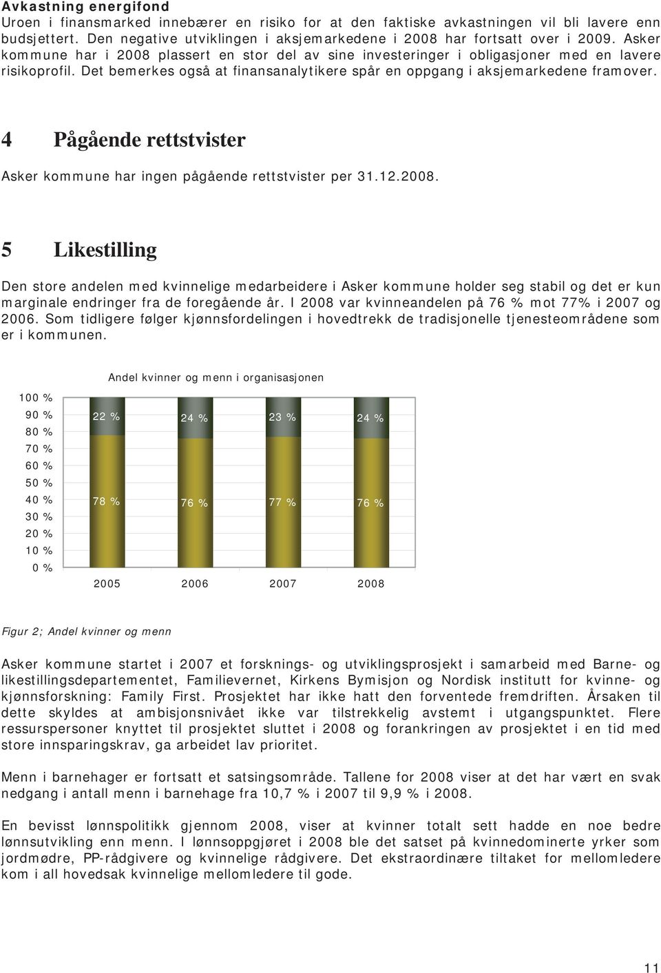 Det bemerkes også at finansanalytikere spår en oppgang i aksjemarkedene framover. 4 Pågående rettstvister Asker kommune har ingen pågående rettstvister per 31.12.2008.