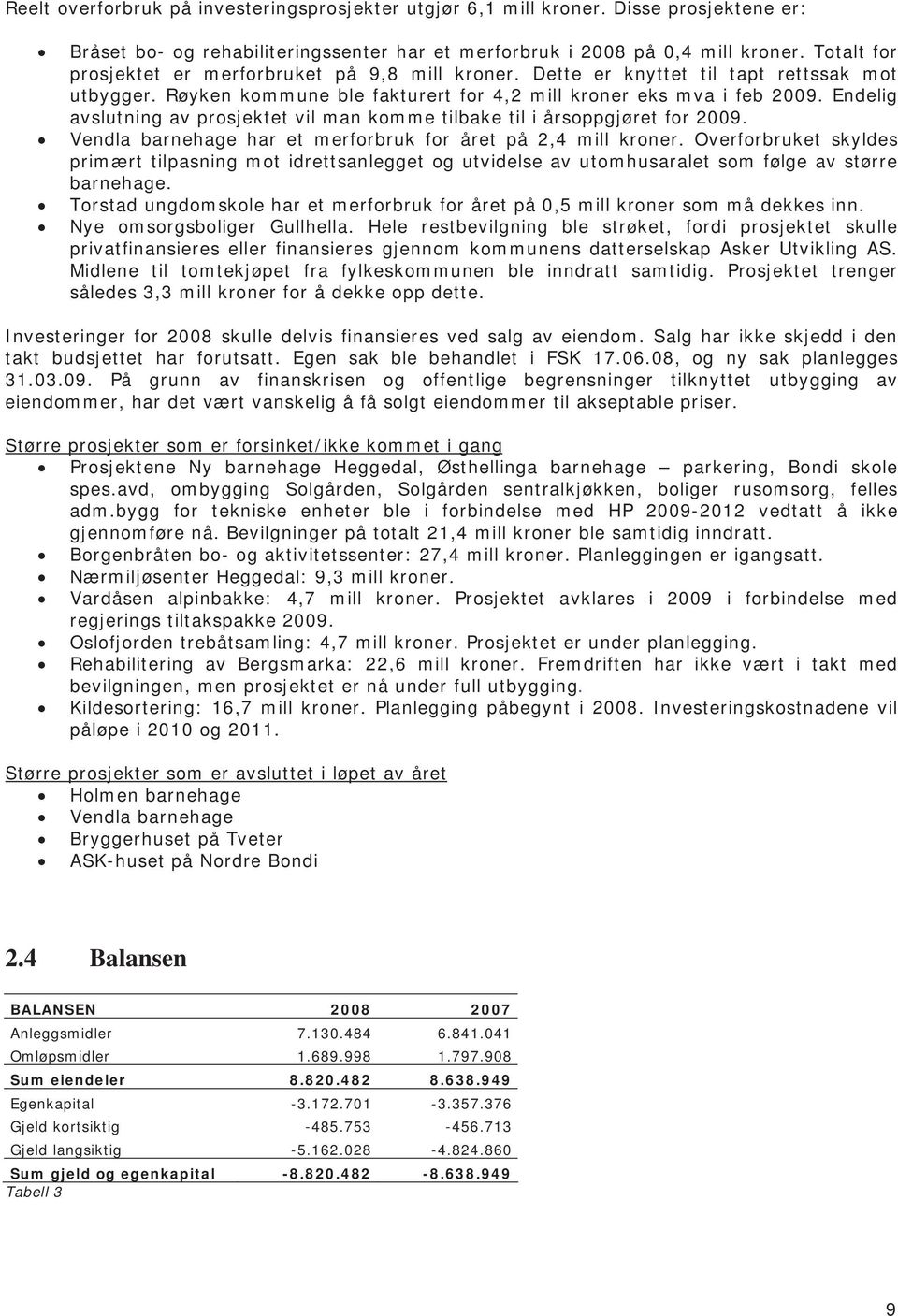 Endelig avslutning av prosjektet vil man komme tilbake til i årsoppgjøret for 2009. Vendla barnehage har et merforbruk for året på 2,4 mill kroner.