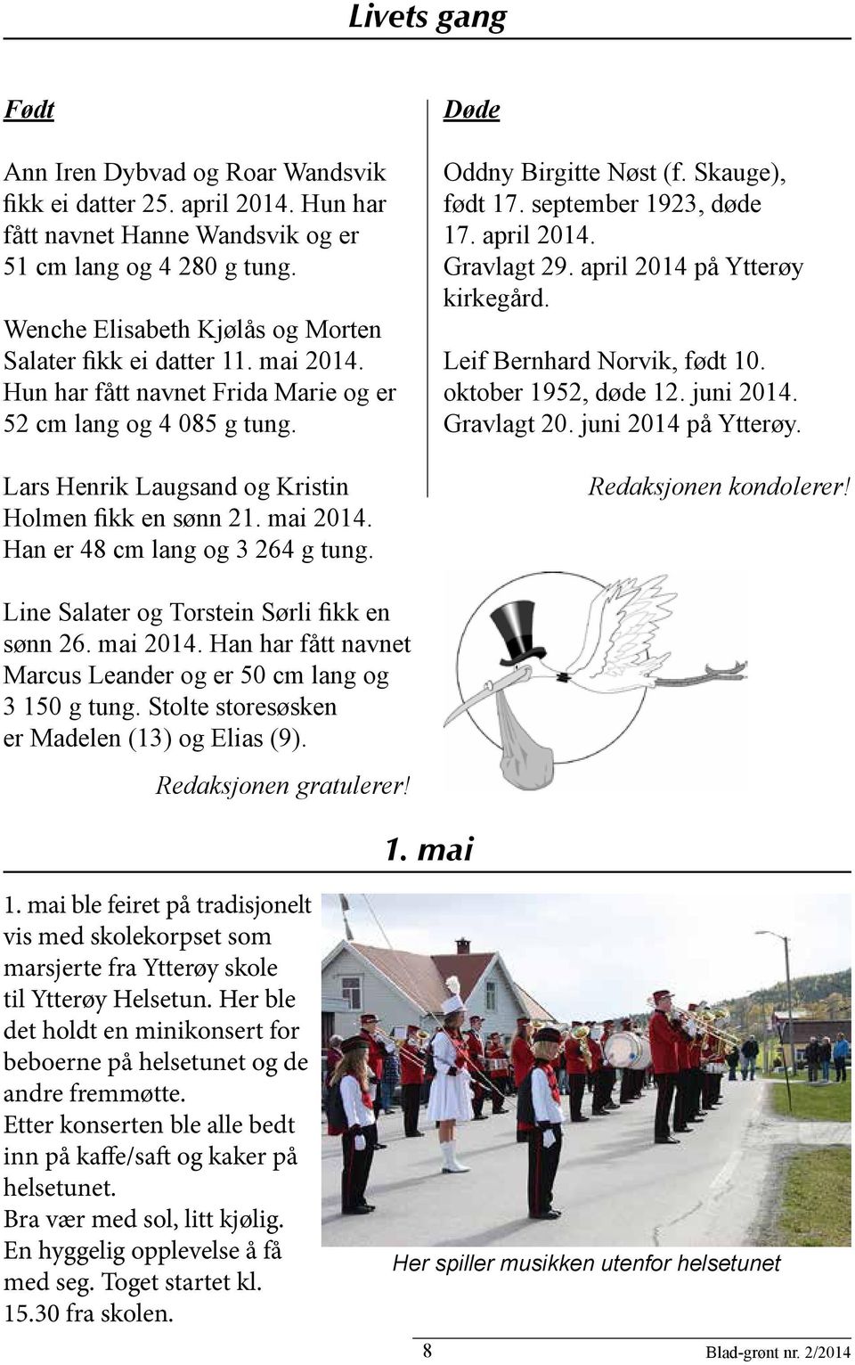 mai 2014. Han er 48 cm lang og 3 264 g tung. Døde Oddny Birgitte Nøst (f. Skauge), født 17. september 1923, døde 17. april 2014. Gravlagt 29. april 2014 på Ytterøy kirkegård.