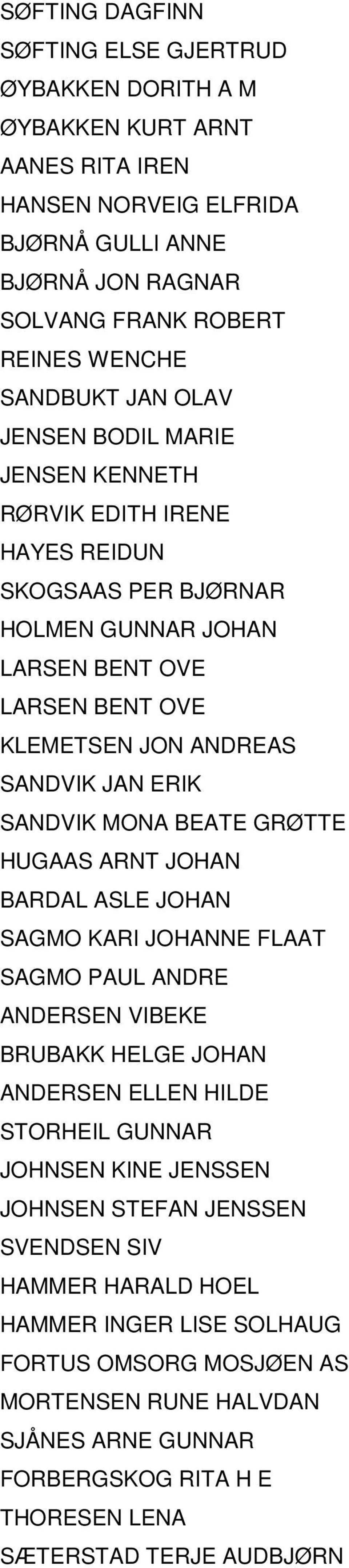 MONA BEATE GRØTTE HUGAAS ARNT JOHAN BARDAL ASLE JOHAN SAGMO KARI JOHANNE FLAAT SAGMO PAUL ANDRE ANDERSEN VIBEKE BRUBAKK HELGE JOHAN ANDERSEN ELLEN HILDE STORHEIL GUNNAR JOHNSEN KINE JENSSEN