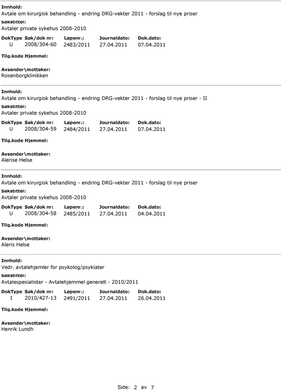 2011 Rosenborgklinikken Avtale om kirurgisk behandling - endring DRG-vekter 2011 - forslag til nye priser - Avtaler private sykehus 2008-2010 2008/304-59