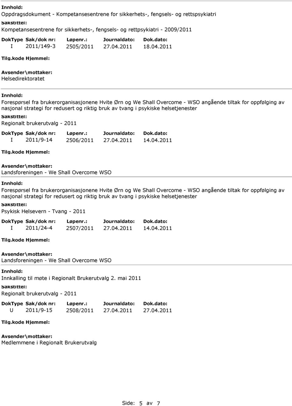 Regionalt brukerutvalg - 2011 2011/9-14 2506/2011 Landsforeningen - We Shall Overcome WSO Forespørsel fra brukerorganisasjonene Hvite Ørn og We Shall Overcome - WSO angående tiltak for oppfølging av