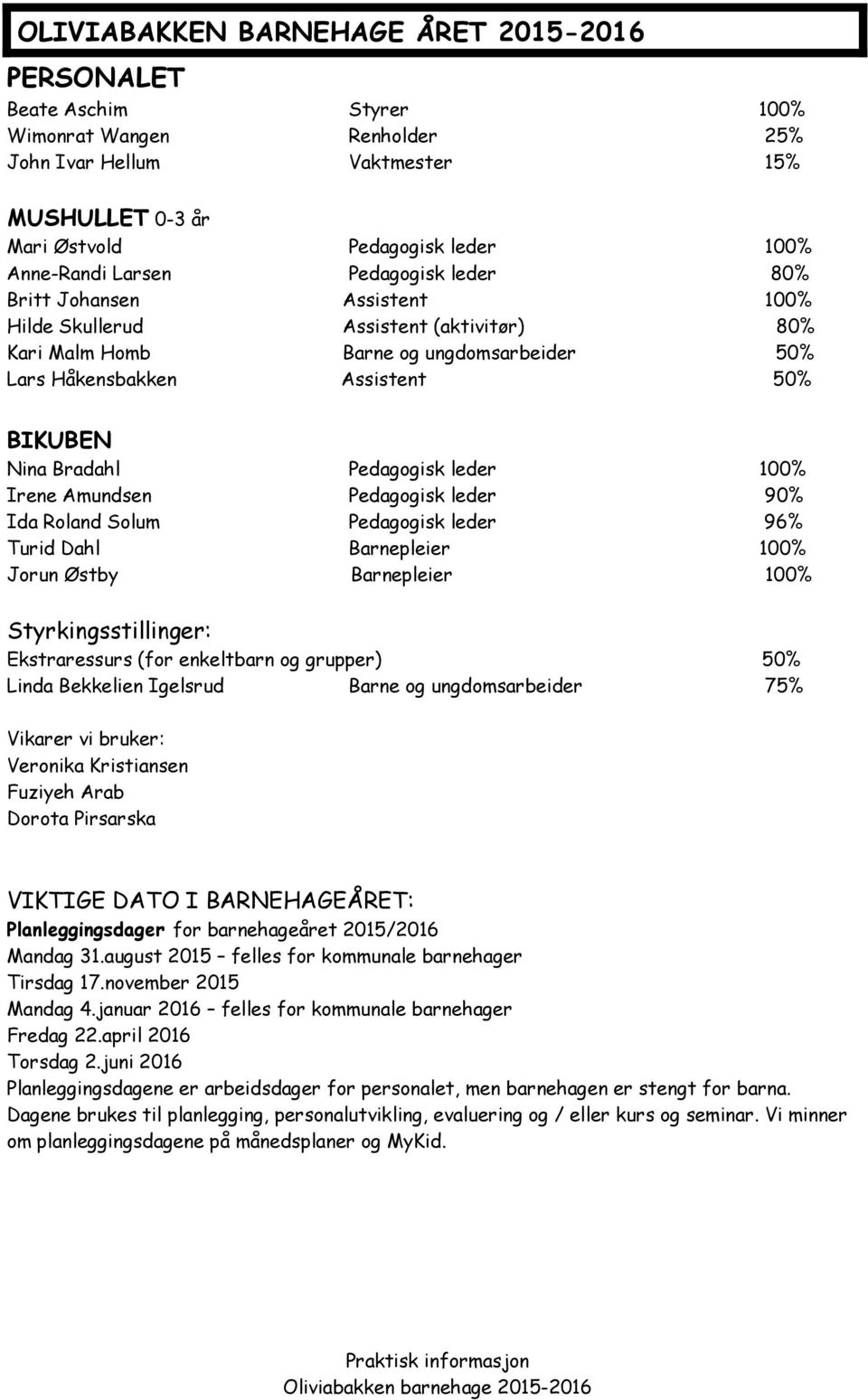 Pedagogisk leder 100% Irene Amundsen Pedagogisk leder 90% Ida Roland Solum Pedagogisk leder 96% Turid Dahl Barnepleier 100% Jorun Østby Barnepleier 100% Styrkingsstillinger: Ekstraressurs (for