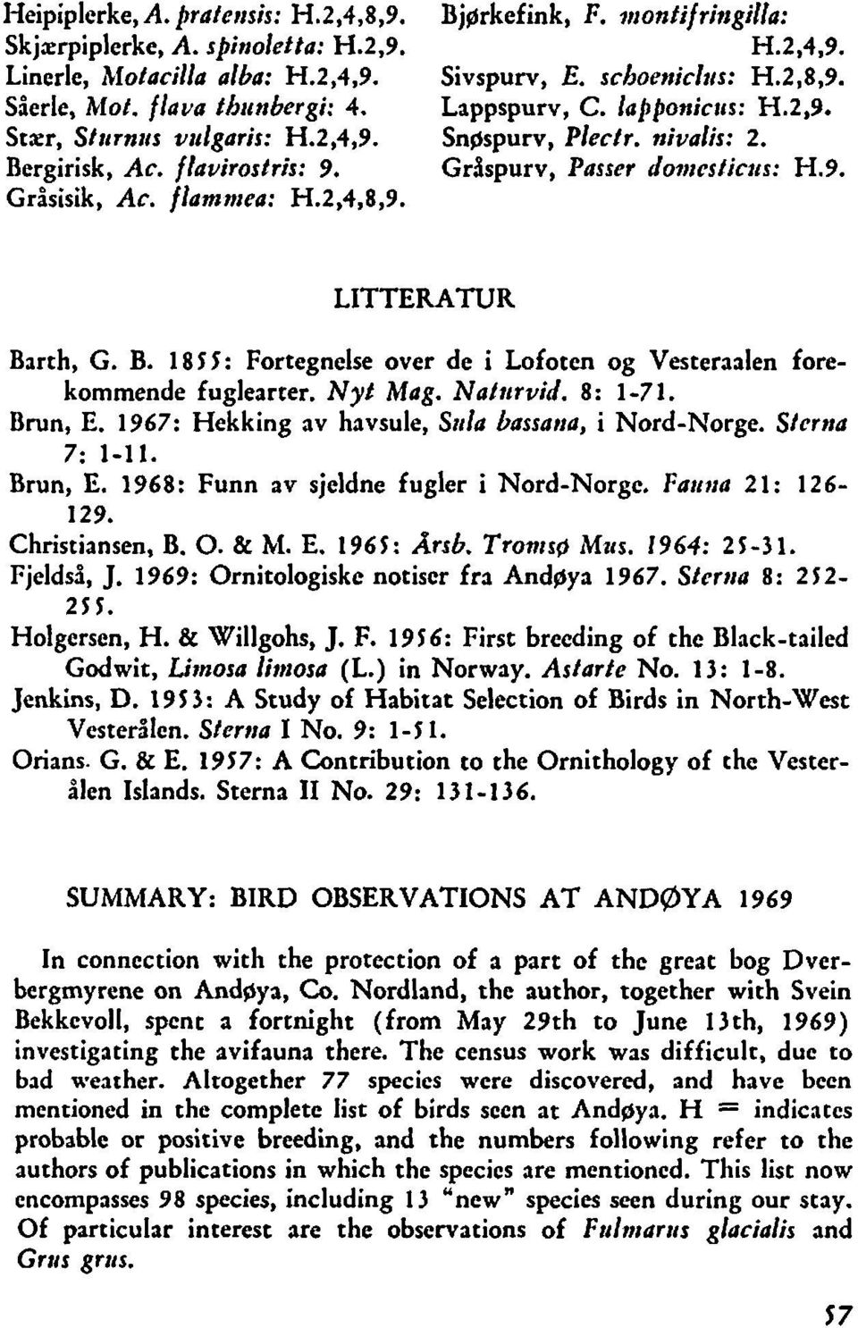 flanantea: H.2,4,8,9. LITTERATUR Barth, G. B. 1855: Fortegnelse over de i Lofoten og Vestenden forekommende fuglearter. Nyt Mag. Nafiirvid. 8: 1-7 1. Brun, E.