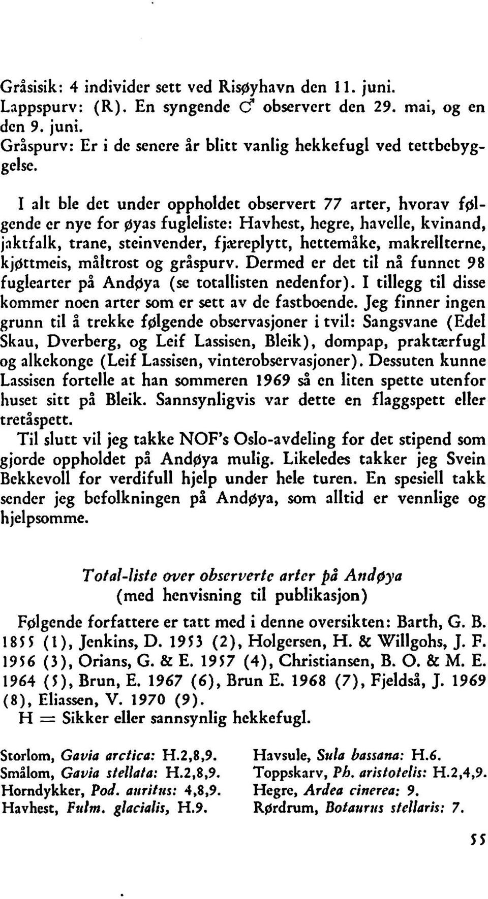 kjgttmeis, måltrost og gråspurv. Dermed er det til nå funnet 98 fuglearter på Andgya (se totallisten nedenfor). I tillegg til disse kommer noen arter som er sett av de fastboende.