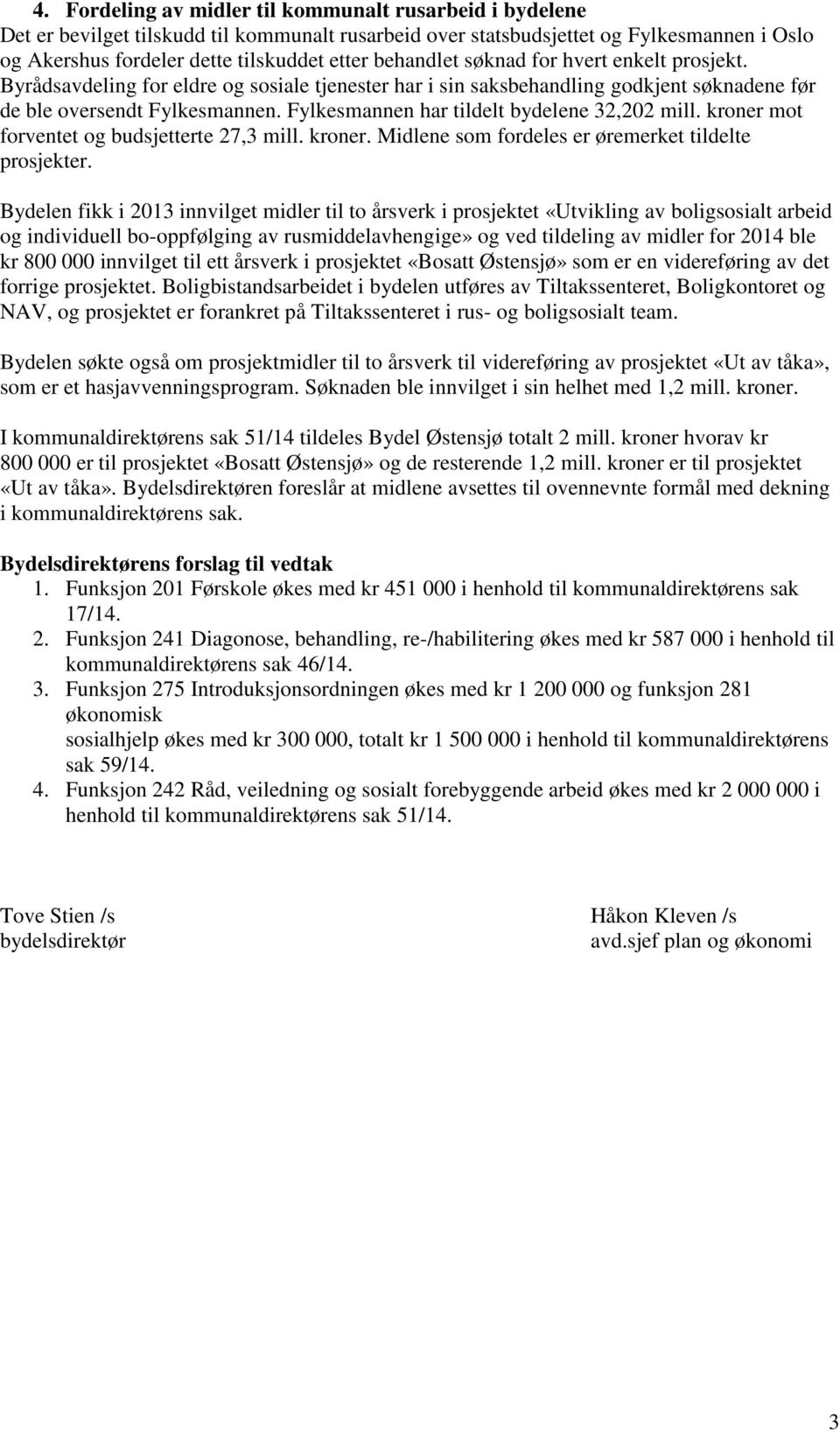 Fylkesmannen har tildelt bydelene 32,202 mill. kroner mot forventet og budsjetterte 27,3 mill. kroner. Midlene som fordeles er øremerket tildelte prosjekter.