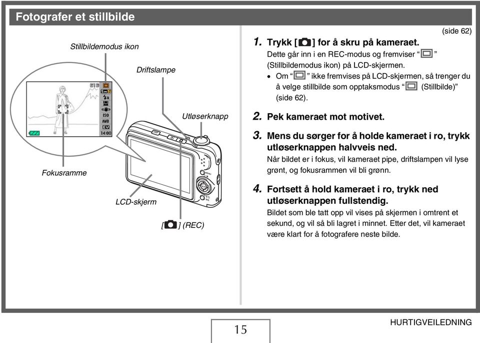 Mens du sørger for å holde kameraet i ro, trykk utløserknappen halvveis ned. Når bildet er i fokus, vil kameraet pipe, driftslampen vil lyse grønt, og fokusrammen vil bli grønn. 4.