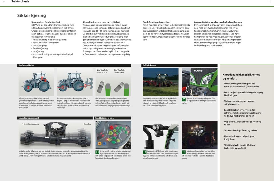 Seks punkter sikrer en eksepsjonell kjørefølelse: forakselfjæring med nivåregulering Fendt Reaction styresystem sjokkdemping førerhusfjæring setefjæring automatisk låsing av selvstyrende aksel på
