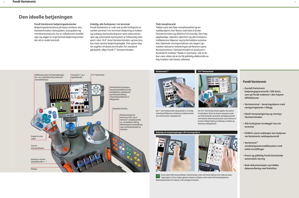 Endelig; alle funksjoner i én terminal Fendt Variotronic er unik ved at alle funksjoner er samlet sammen i én terminal: Betjening av traktor og redskap, kamerafunksjoner samt dokumentasjon og