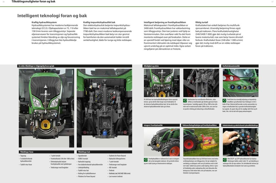 I tillegg kan bio hydraulikkolje brukes på hydraulikksystemet. Kraftig trepunktshydraulikk bak Den elektrohydraulisk betjente trepunktshydraulikken bak har en maksimal løftekapasitet på 7780 dan.