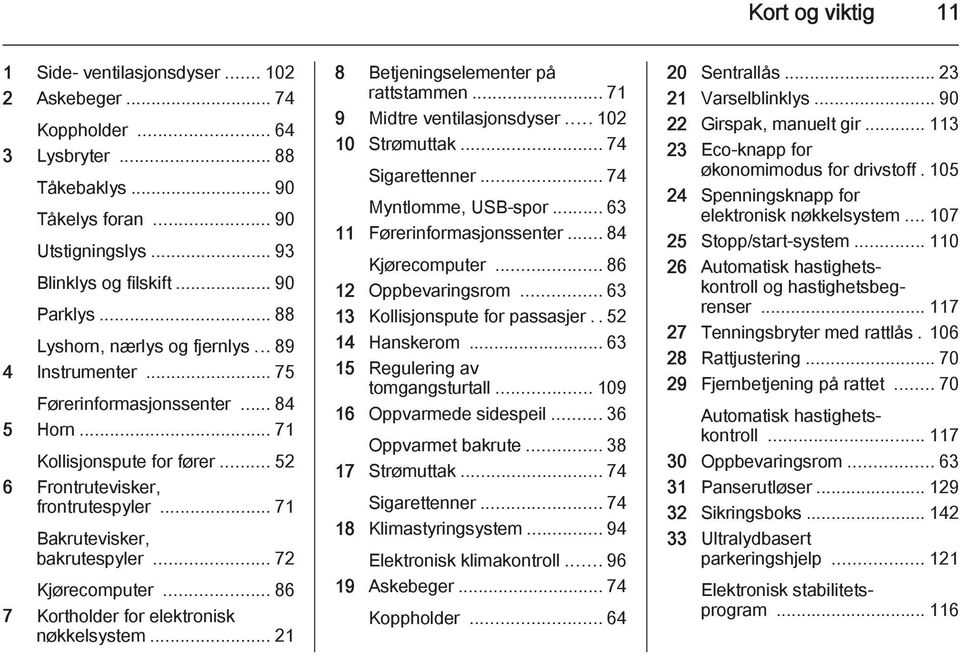 .. 71 Bakrutevisker, bakrutespyler... 72 Kjørecomputer... 86 7 Kortholder for elektronisk nøkkelsystem... 21 8 Betjeningselementer på rattstammen... 71 9 Midtre ventilasjonsdyser... 102 10 Strømuttak.