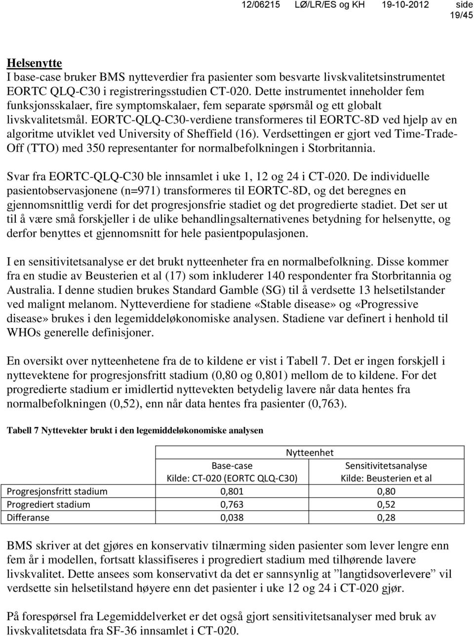 EORTC-QLQ-C30-verdiene transformeres til EORTC-8D ved hjelp av en algoritme utviklet ved University of Sheffield (16).