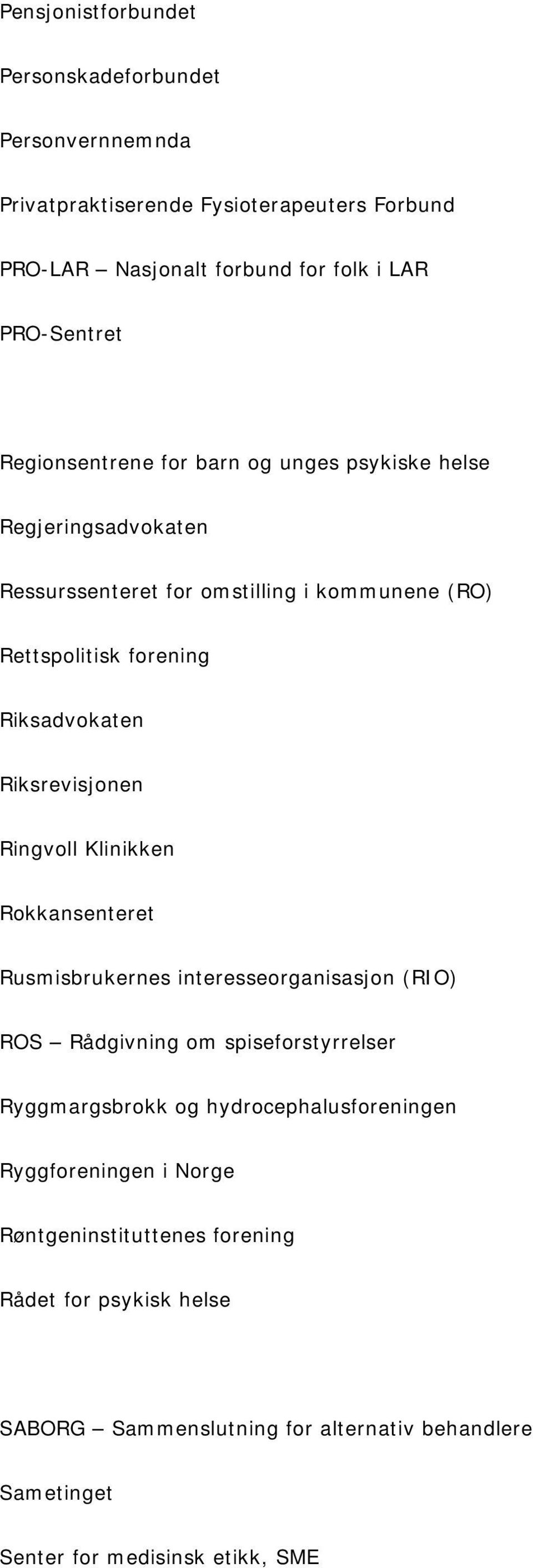 Riksrevisjonen Ringvoll Klinikken Rokkansenteret Rusmisbrukernes interesseorganisasjon (RIO) ROS Rådgivning om spiseforstyrrelser Ryggmargsbrokk og