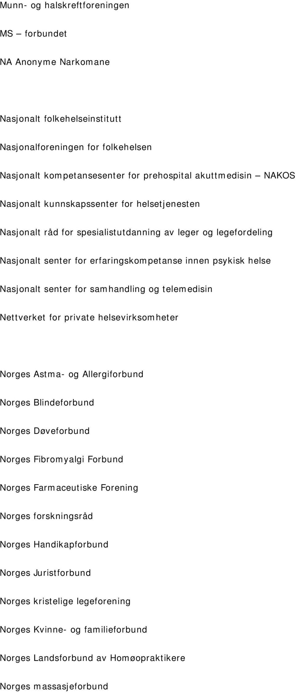 samhandling og telemedisin Nettverket for private helsevirksomheter Norges Astma- og Allergiforbund Norges Blindeforbund Norges Døveforbund Norges Fibromyalgi Forbund Norges Farmaceutiske