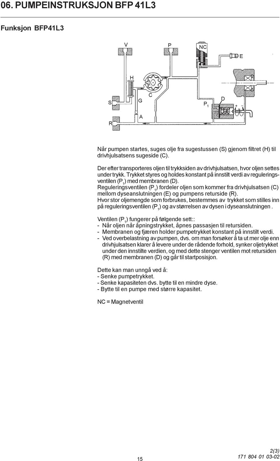 Reguleringsventilen (P 1 ) fordeler oljen som kommer fra drivhjulsatsen (C) mellom dyseanslutningen (E) og pumpens returside (R).