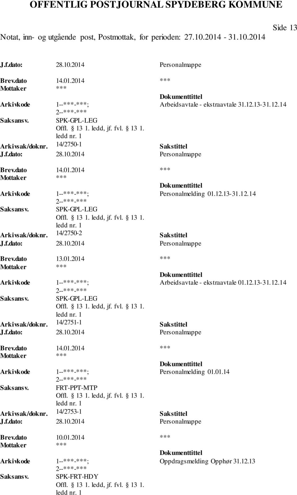 14/2750-2 Sakstittel Brev.dato 13.01.2014 *** Arbeidsavtale - ekstraavtale 01.12.13-31.12.14 SPK-GPL-LEG Arkivsak/doknr.