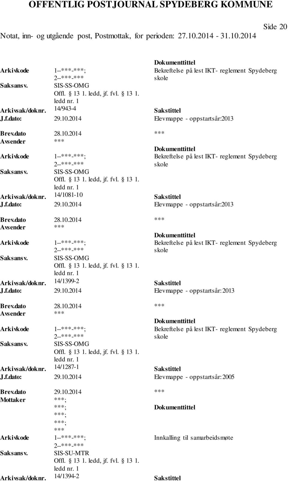 1-10 Sakstittel J.f.dato: 29.10.2014 Elevmappe - oppstartsår:2013 Bekreftelse på lest IKT- reglement Spydeberg skole Arkivsak/doknr. 14/1399-2 Sakstittel J.f.dato: 29.10.2014 Elevmappe - oppstartsår: 2013 Bekreftelse på lest IKT- reglement Spydeberg skole Arkivsak/doknr.