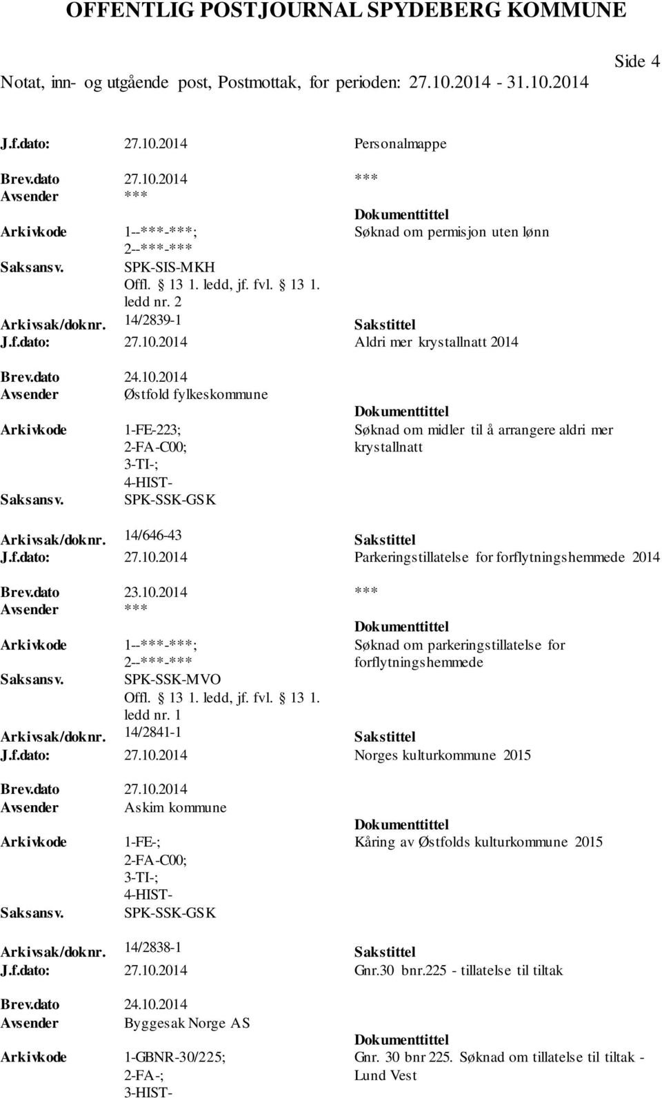 10.2014 Parkeringstillatelse for forflytningshemmede 2014 Brev.dato 23.10.2014 *** SPK-SSK-MVO Søknad om parkeringstillatelse for forflytningshemmede Arkivsak/doknr. 14/2841-1 Sakstittel J.f.dato: 27.