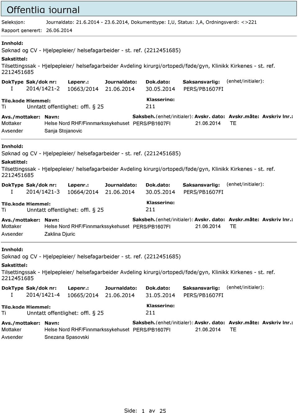 2014 Mottaker Helse Nord RHF/Finnmarkssykehuset TE Avsender Sanja Stojanovic nnhold: lsettingssak - Hjelpepleier/ helsefagarbeider Avdeling kirurgi/ortopedi/føde/gyn, Klinikk Kirkenes - st. ref.