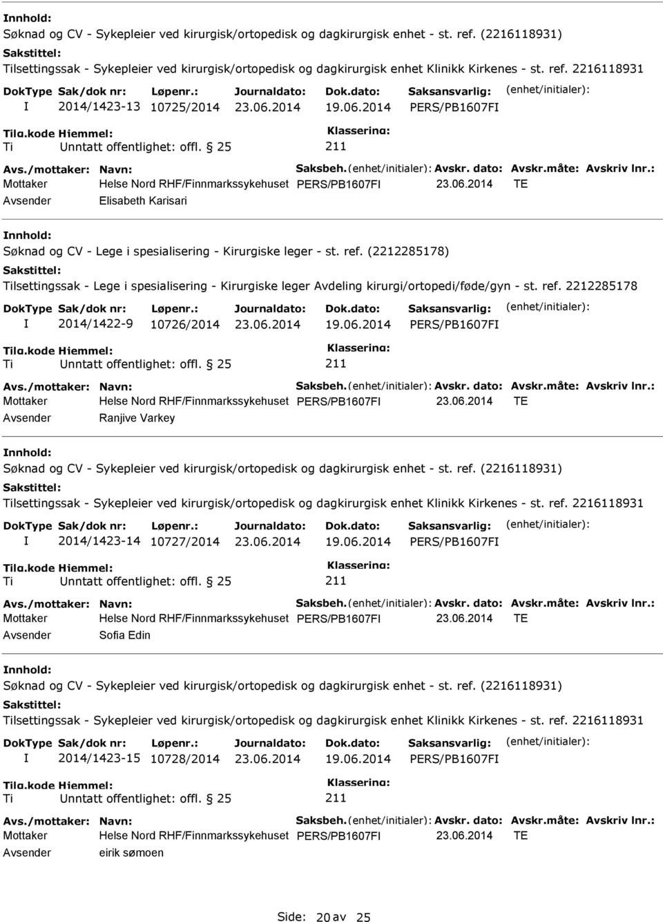 (2212285178) lsettingssak - Lege i spesialisering - Kirurgiske leger Avdeling kirurgi/ortopedi/føde/gyn - st. ref. 2212285178 2014/1422-9 10726/2014 19.06.