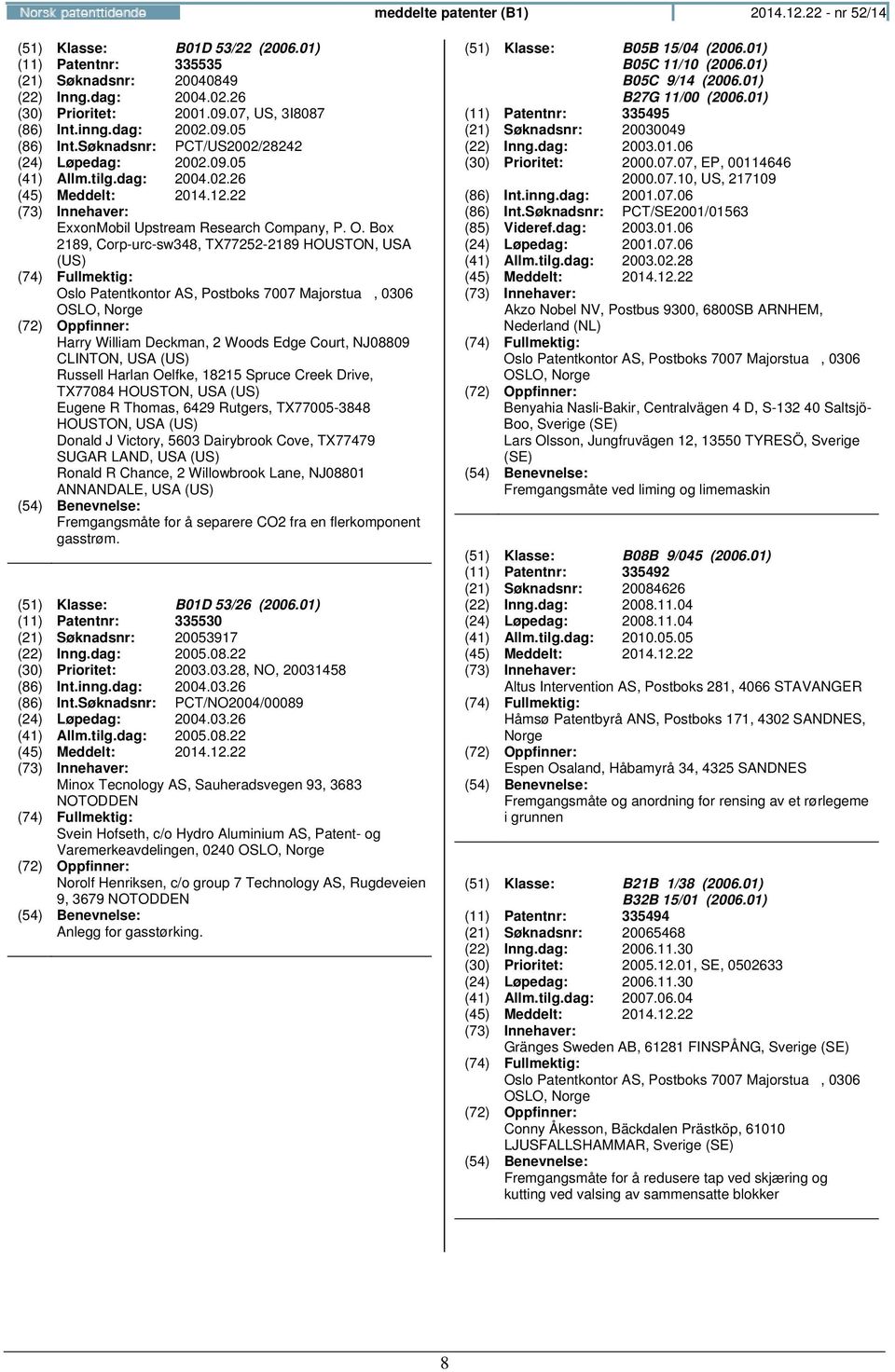 Box 2189, Corp-urc-sw348, TX77252-2189 HOUSTON, USA (US) Oslo Patentkontor AS, Postboks 7007 Majorstua, 0306 OSLO, Harry William Deckman, 2 Woods Edge Court, NJ08809 CLINTON, USA (US) Russell Harlan