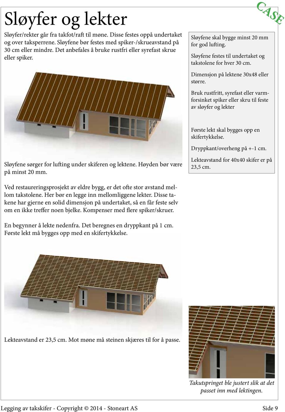 CASE Dimensjon på lektene 30x48 eller større. Bruk rustfritt, syrefast eller varmforsinket spiker eller skru til feste av sløyfer og lekter Første lekt skal bygges opp en skifertykkelse.