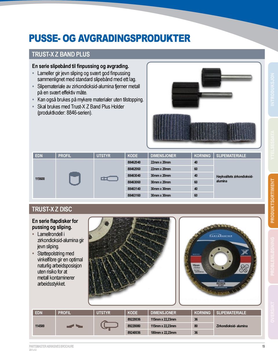 Skal brukes med Trust-X Z Band Plus Holder (produktkoder: 8846-serien). 115600 Trust-X Z Disc En serie flapdisker for pussing og sliping. Lamellrondell i zirkondioksid-alumina gir jevn sliping.