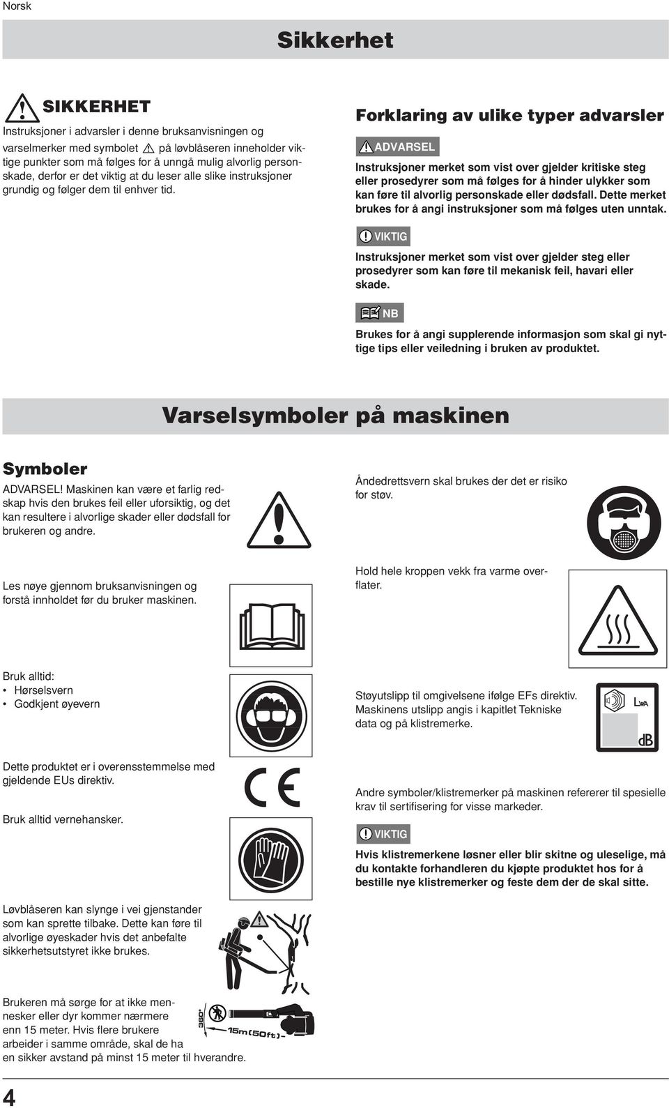 Forklaring av ulike typer advarsler Instruksjoner merket som vist over gjelder kritiske steg eller prosedyrer som må følges for å hinder ulykker som kan føre til alvorlig personskade eller dødsfall.