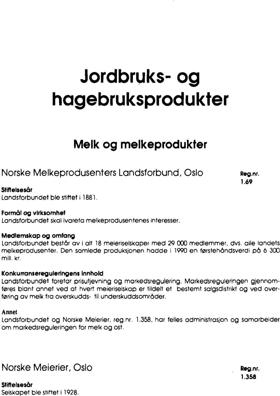 Den samlede produksjonen hadde i 1990 en førstehdndsverdi p6 6 300 mill, kr, Konkunansereguleringens innhold Landsforbundet foretar prisutjevning og markedsregulering.