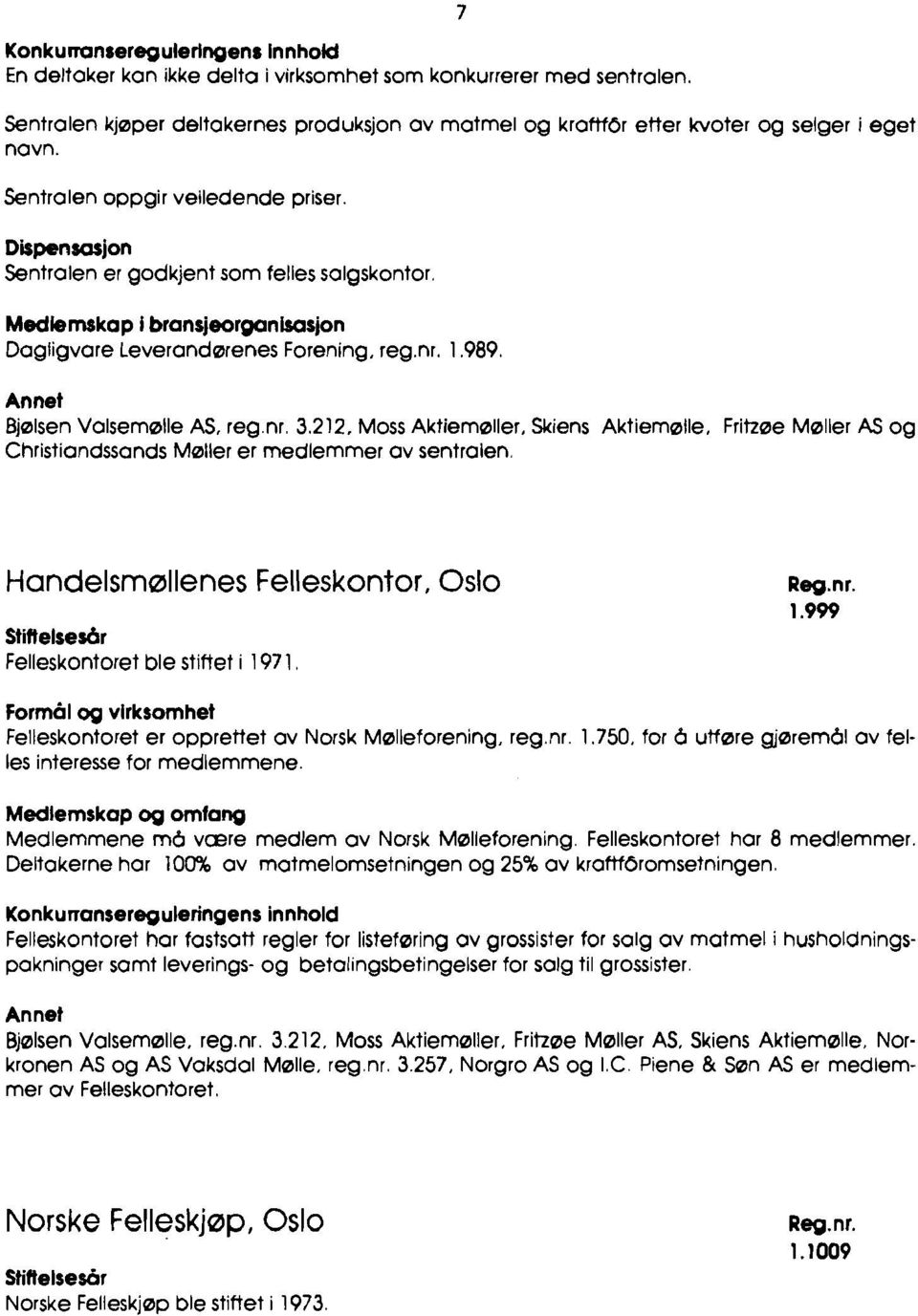 Medlemskap i bransjeorganhasjon Dogligvore Leverandørenes Forening, reg.nr. 1.989. Annet Bjølsen Volsemølle AS, reg.nr. 3.