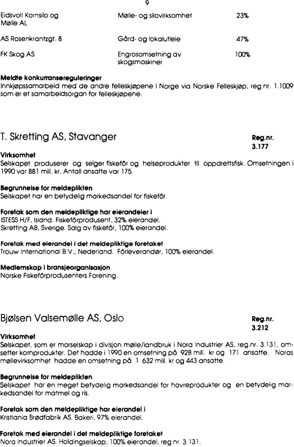 reg.nr. 1.l009 som er et samarbeidsorgan for felleskjøpene. T. Skretting AS. Stavanger Virksomhet Selskapet produserer og selger fiskef6r og helseprodukter til oppdrettsfisk.