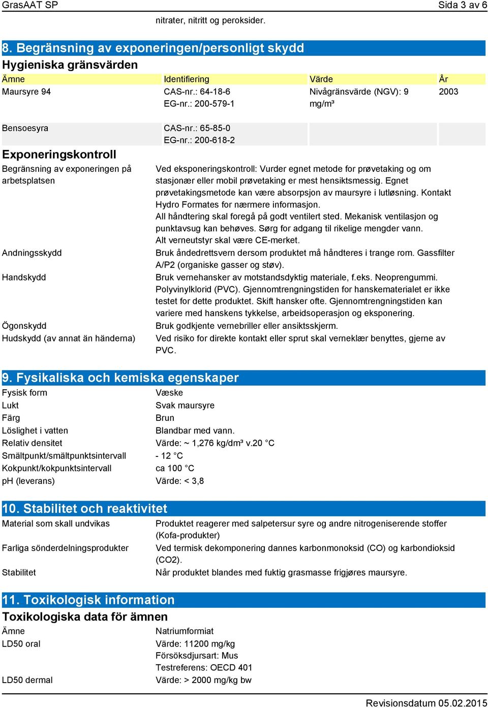 Fysikaliska och kemiska egenskaper Fysisk form Væske Lukt Svak maursyre Färg Brun Löslighet i vatten Blandbar med vann. Relativ densitet Värde: ~ 1,276 kg/dm³ v.