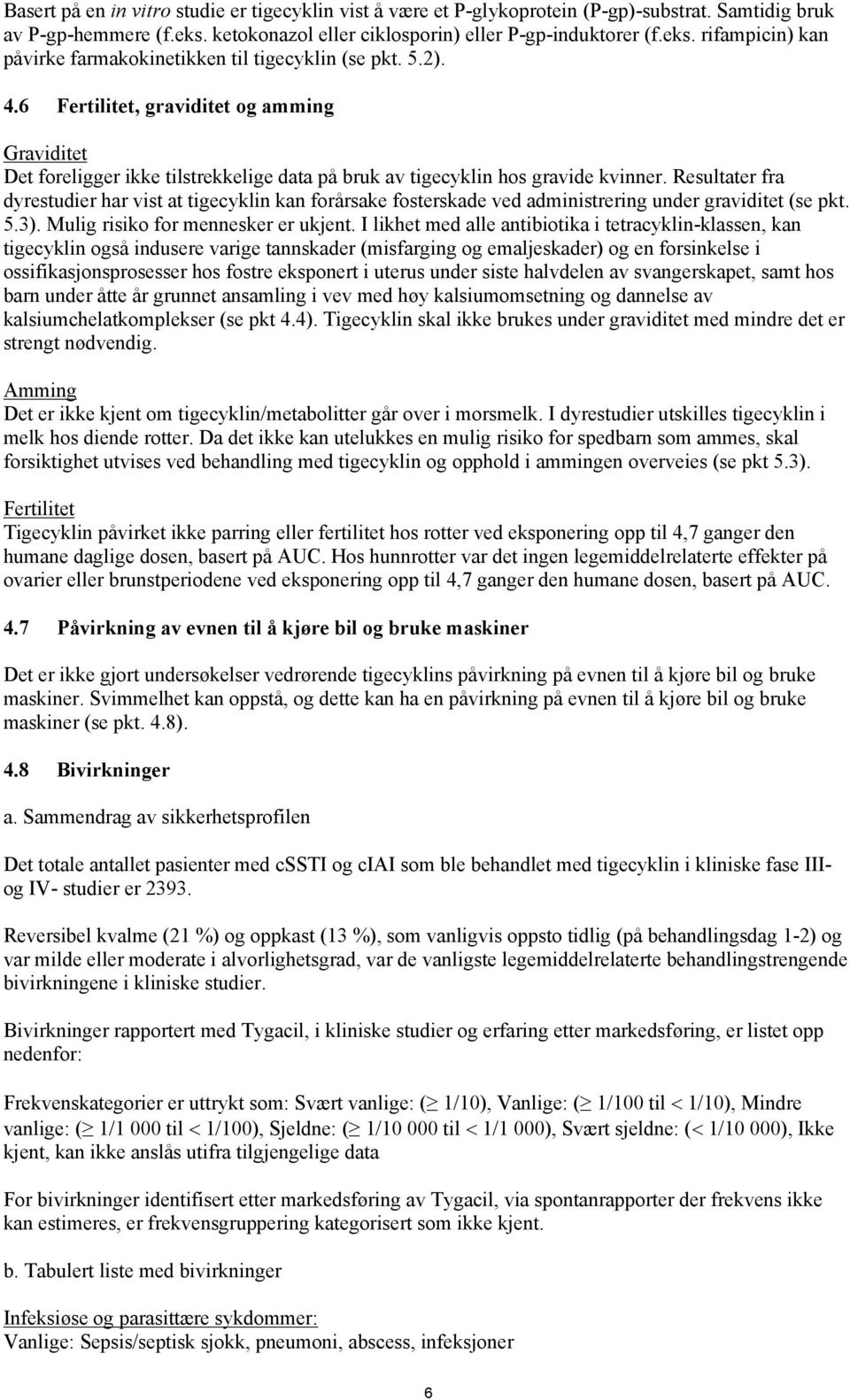 Resultater fra dyrestudier har vist at tigecyklin kan forårsake fosterskade ved administrering under graviditet (se pkt. 5.3). Mulig risiko for mennesker er ukjent.