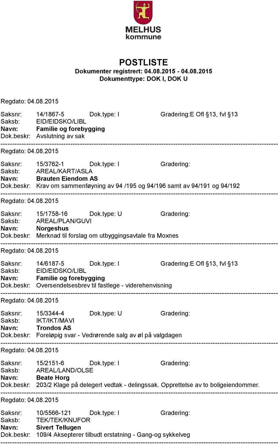 beskr: Merknad til forslag om utbyggingsavtale fra Moxnes Saksnr: 14/6187-5 Dok.type: I Gradering:E Ofl 13, fvl 13 Dok.beskr: Oversendelsesbrev til fastlege - viderehenvisning Saksnr: 15/3344-4 Dok.