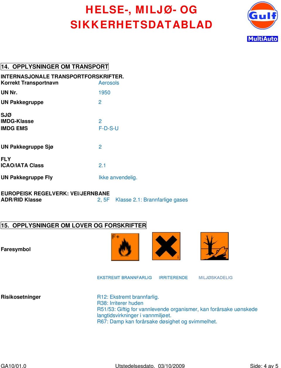 EUROPEISK REGELVERK: VEI/JERNBANE ADR/RID Klasse 2, 5F Klasse 2.1: Brannfarlige gases 15.