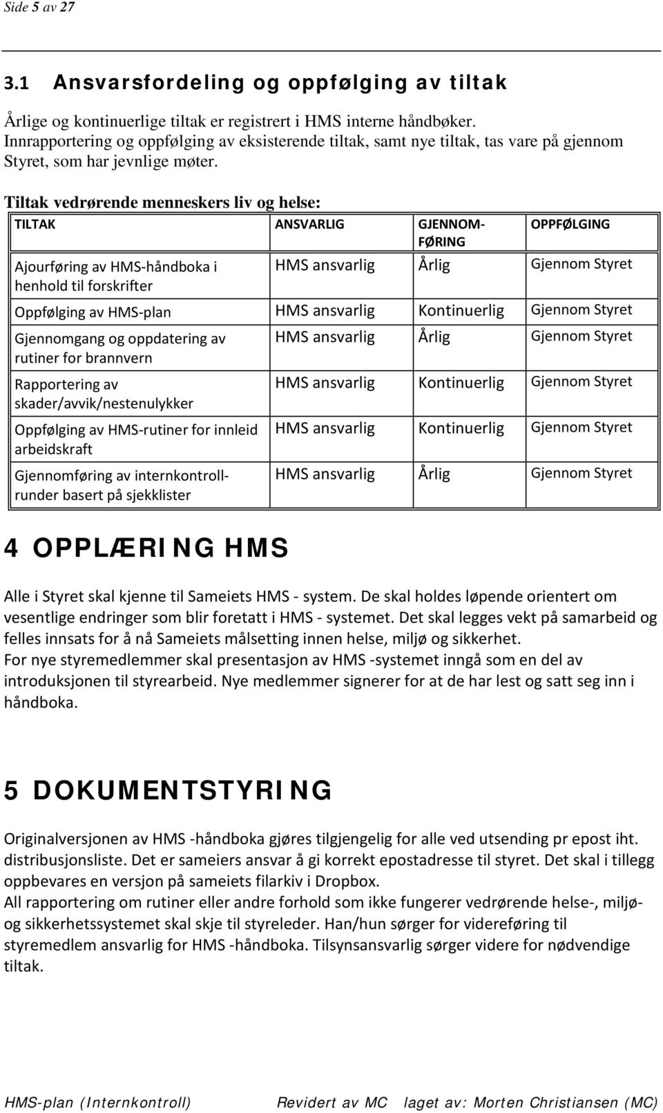 Tiltak vedrørende menneskers liv og helse: TILTAK ANSVARLIG GJENNOM- OPPFØLGING FØRING Ajourføring av HMS-håndboka i HMS ansvarlig Årlig Gjennom Styret henhold til forskrifter Oppfølging av HMS-plan