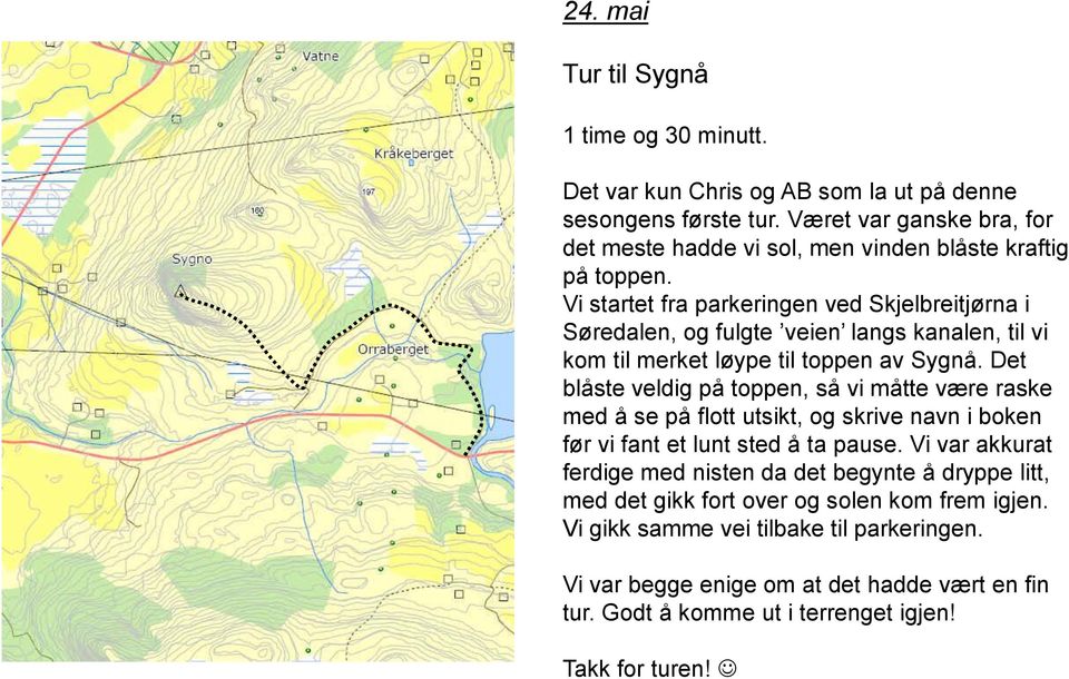 Vi startet fra parkeringen ved Skjelbreitjørna i Søredalen, og fulgte veien langs kanalen, til vi kom til merket løype til toppen av Sygnå.