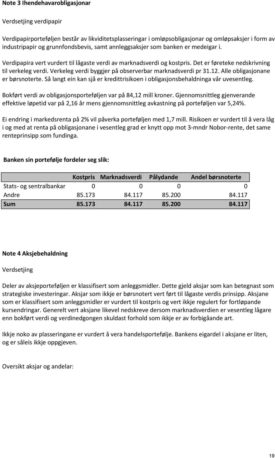 Verkeleg verdi byggjer på observerbar marknadsverdi pr 31.12. Alle obligasjonane er børsnoterte. Så langt ein kan sjå er kredittrisikoen i obligasjonsbehaldninga vår uvesentleg.