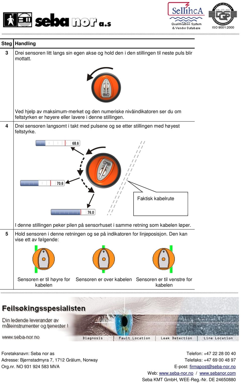 4 Drei sensoren langsomt i takt med pulsene og se etter stillingen med høyest feltstyrke.